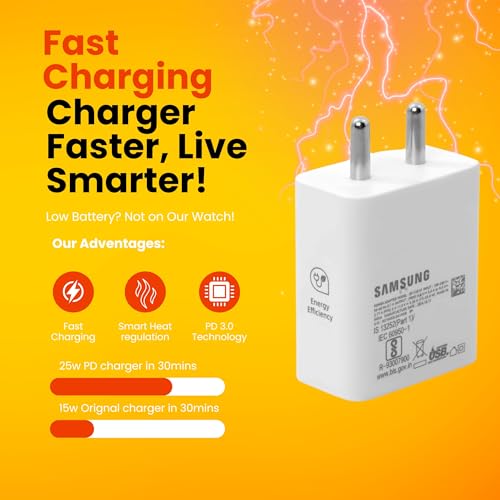 Image of 25W Type-C Fast Charger for Samsung Galaxy F Series - Compatible with F16 F06 F05 F14 F55 F56 F23 F42 (5000mAh) F15 F34 F54 F13 F12 (6000mAh) - No Cable| Original Rapid Charging (White)