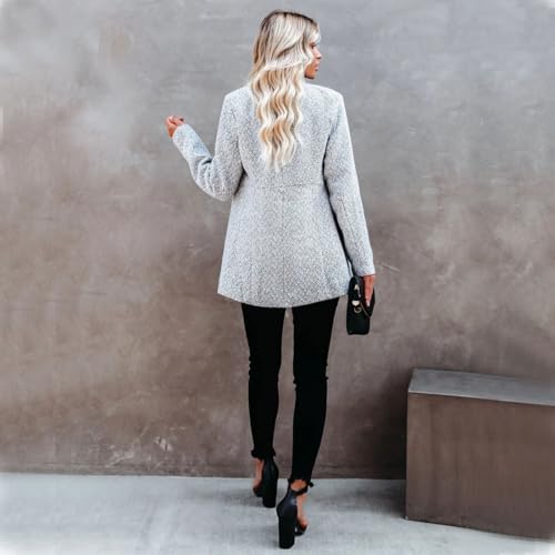 Upliftjoys Woolen Street Style Plaid Slim Fit Jacket, Women'S Solid Color Pocket Long Sleeve Open Front Coat, Plaid Jacket2