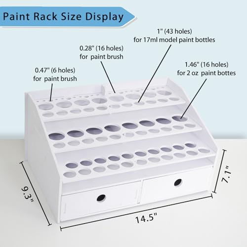 Image of Krafetto Miniatures Paint & Paintbrush Storage Organizer Rack, Craft Paints Holder with Drawer, 43 Holes for Model Paint, 16 Holes for 2 oz Paints, 22 Holes for Brush