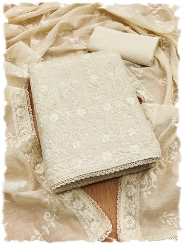 Image of Pandadi Saree Women's Elegant Lucknowi Work with Modal Cotton Chanderi and Embroidered Dupatta Unstitched Dress Material