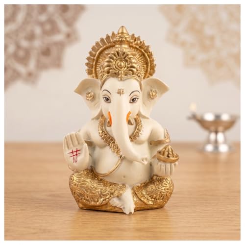 Golden Legacy Cream and Gold Ganesha Idol - Divine Seated Ganpati...