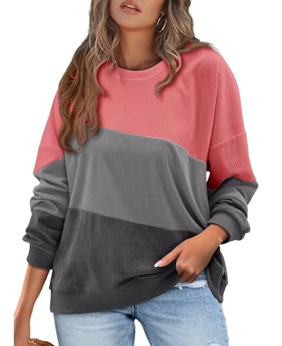 KISSMODA Womens Casual Long Sleeve Sweatshirts Color Block/Solid Tops Corduroy Crewneck Tunic Pullover with Pockets