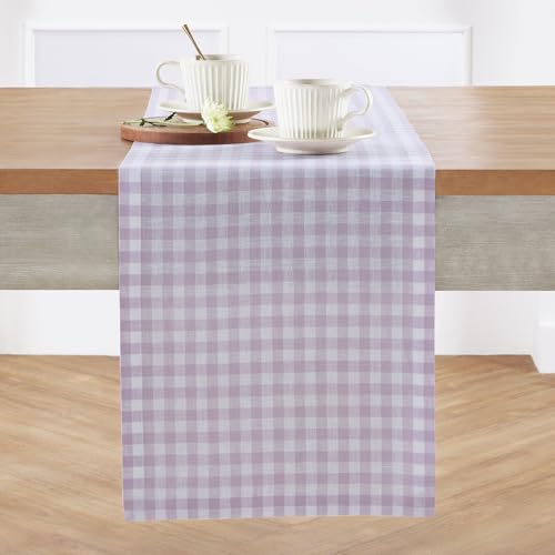 Solino Home Linen Gingham Table Runner 108 Inches Long - 100% Pure Linen Lilac Checkered Table Runner 14 x 108 Inch Ideal for Dining, Spring, Summer