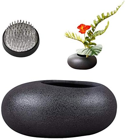 WANDIC Flower Arrangement Kit, Black Pebble Ceramic Planter Pot With 4cm Kenzan Flower Frog Pottery Floral Arranging Pin Needle Holder For Home Decor