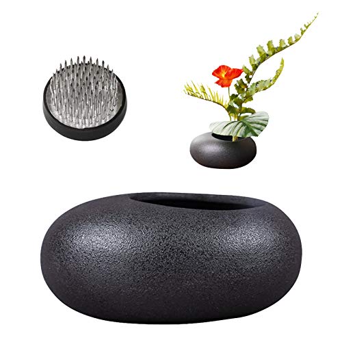 Wandic Flower Arrangement Kit, Black Pebble Ceramic Planter Pot With 4Cm Kenzan Flower Frog Pottery Floral Arranging Pin Needle Holder For Home Decor #TOP30