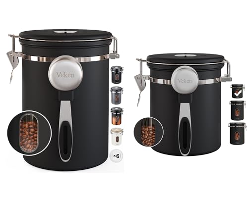 Veken Coffee Canister Gift Set with Window, Airtight Stainless Steel Kitchen Food Storage Container with Date Tracker and Scoop for Grounds Coffee, Beans, Tea, Flour, Cereal, Sugar, 22&16OZ,Black