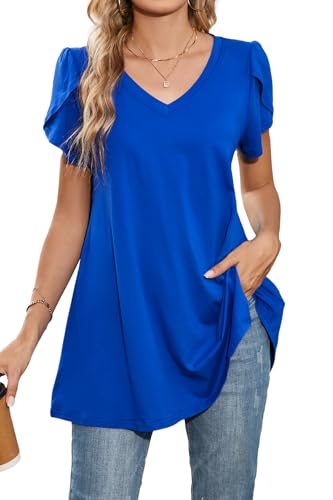 Enmain Camisetas Mujer Manga Corta Tallas Grandes Blusas y Camisas para Mujer Elegantes Holgada Cuello en V Casual Túnica T-Shirt Azul Real 2XL