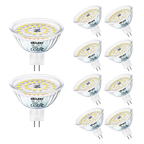 DiCUNO Bombilla LED GU5.3 MR16, 6W equivalente a 50W Halógeno, Blanco frío 6000K, 610lm, 12V Foco LED, No regulable, Ángulo de haz 120°, Lámpara reflector para la iluminación de acento, 10 Piezas