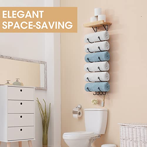 Hulisen Towel Racks For Bathroom, Wall Mounted Towel Rack With Wooden Shelf & 4 Hooks, Extended Wall Mount Towel Holder, Metal Bath Towel Holder For Bath Storage Organizer And Decor, Matte Black #TOP5