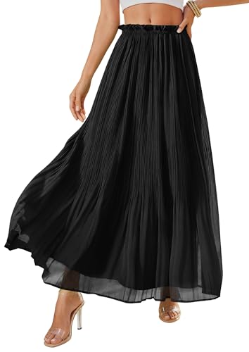 PRETTYGARDEN Pleated Midi Skirts for Women 2026 Flowy Summer Beach Vacation High Waisted Chiffon Boho A-Line Long Skirt(Black,X-Large)