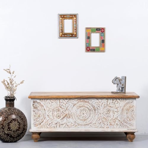 Image of Natura Solid Wood Coffee Table for Living Room Wooden Trunk Box for Storage | Handcrafted Center Table for Living Room with Sandook Storage | Pitara for Home (White Distress and Natural)