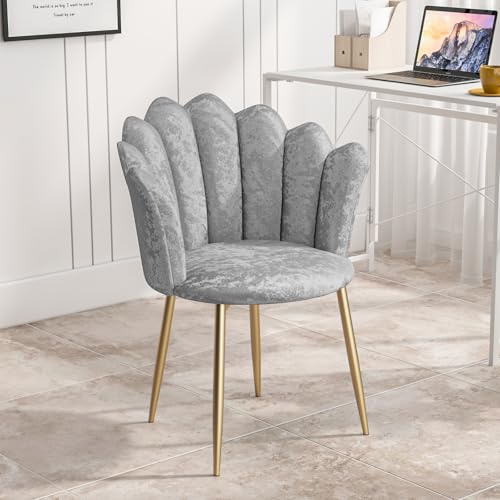 Modern Armchair Tub Chair, Crushed Velvet Vanity Dressing Table Chair with Curved High Back and Gold Plating Metal Legs for Bedroom, Living Room, Dressing Room, Salon, Light Grey
