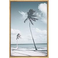 SIGNWIN Framed Canvas Wall Art Blue Wash Out Tropical Coconut Palm Trees by The Sea Coastal Ocean Photography Realism Beach Scenic Relax/Calm Duotone for Living Room, Bedroom, Office - 16