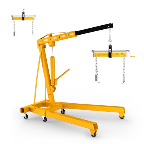 Heavy Duty 2-Ton Folding Hydraulic Engine Hoist, Yellow Cherry Picker with 6 All-Terrain Casters - 4400LB Capacity Motor Hoist for Automotive Shop