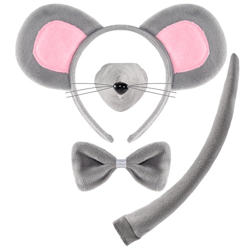 Spooktacular Creations Halloween 4 Pieces Grey Mouse Costume Accessory Set for Adults and Kids, Rat Mouse Ears Headband, Halloween Animal Costume Accessories Set