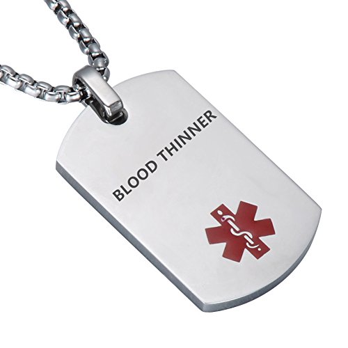 LiFashion LF Stainless Steel Blood Thinner Medical Alert Dog Tag ID Pendant Caduceus necklace for Men Women Teens Health Alert Monitoring Systems,Silver