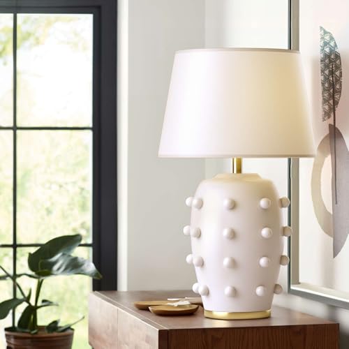 CKENSU Modern Ceramic Linden Table Lamp - 26 White Ball Farmhouse Design, Classic Table Lamp Pottery Tapered Drum Shade for Living Room, Bedroom, Office, and Home (White)