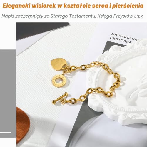 Emibele Heart Initial Bracelets, Engraved Bible Verse Proverbs 4:23 Bracelet Chains with OT Toggle Clasp Bracelet Link Chains for Women Teen Girls, Dainty Link Chain Bracelet Heart Pendant, Gold
