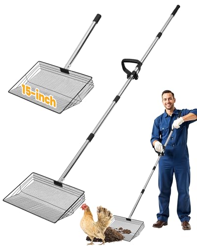 QULUXAO 15 Extra Large Chicken Poop Scooper with Ergonomic Grip Adjustable Length (24.676.6) Metal Sifting Shovel with Holes for Chicken Coop Cleaning Multifunctional Chicken Manure Scoop