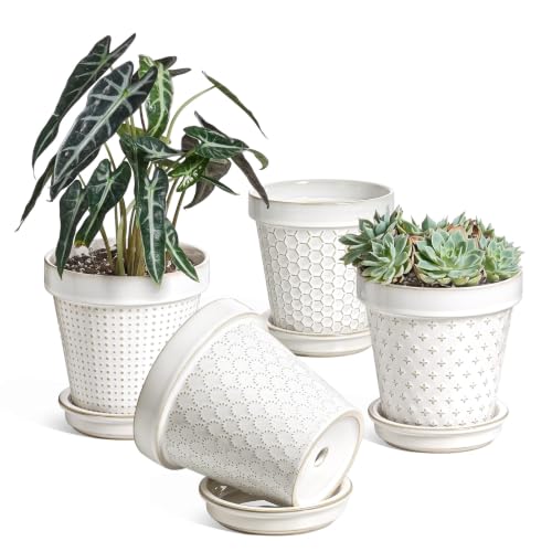 LE TAUCI Lot de 4 pots de fleurs en céramique avec trou de drainage et soucoupe, blanc arctique