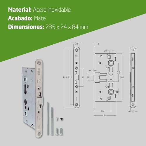 Miniatura 6 de Amig - Cerradura Homologada Para Puertas Cortafuego Mod. 6572-65 X 72 Mm - Doble Nueca Y Alojamiento Para Cilindro - Acero Inoxidable Mate - Certificada Y Sin Función Antipánico - Canto Redondo