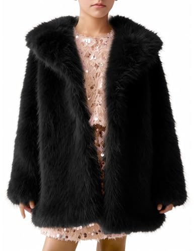 Kissonic Girls Faux Fur Coat Fluffy Kids Warm Winter Fleece Jacket Long Shaggy Outwear with Pockets(Black-S)