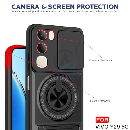 Image of AESTMO Vivo Y29 5G Back Cover | Armor Camera Slider 360 Degree Rotating Finger Ring Holder Case with Bracket Stand Back Case Cover (Compatible with MagSafe Accessories) (Black)