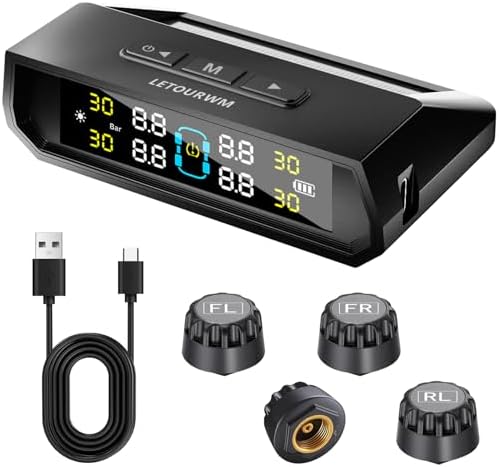 RV Tire Pressure Monitoring System (TPMS) - TPMS Sensors Set of 4 & 6 Alarm Modes, | Solar/USB Type-C | LCD Display,IP68 | for RV/Truck/SUV/MPV/Sedan | TPMS Kit