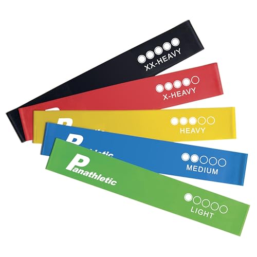 Foto von Panathletic Fitnessbänder, 5er Set – 5 Verschiedene Stärken, Übungsanleitung, eBook auf Deutsch, Tragebeutel – 5X Fitnessband, Gymnastikband, Widerstandsband