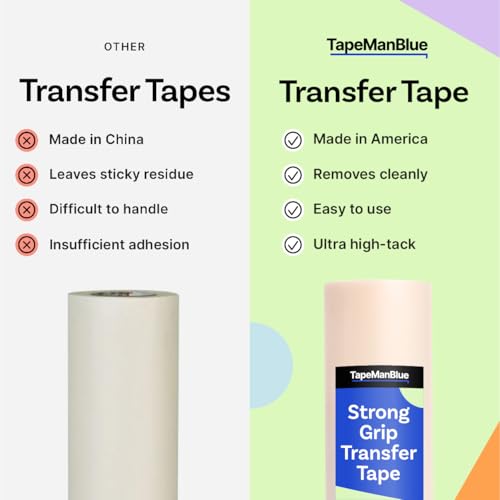 Image of TapeManBlue Strong Grip Transfer Tape - 12 inch x 50' Roll of Ultra High Tack Transfer Tape for Glitter Vinyl, Holographic Vinyl, and Textured Decals, Letters & Stickers, Made in USA