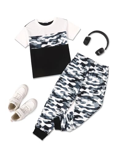 Image of Arshiner Boy's Pants Set - 2 Piece ColorBlock Short Sleeve T-Shirt and Active Pants - Casual Clothing Outfits 5-12 Years