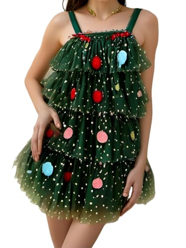 Women Christmas Tree Green Dress Sleeveless Shiny Stars Layered Tulle Dresses Cake Smash Party Cocktail A Line Mini Dress (A-Green S)