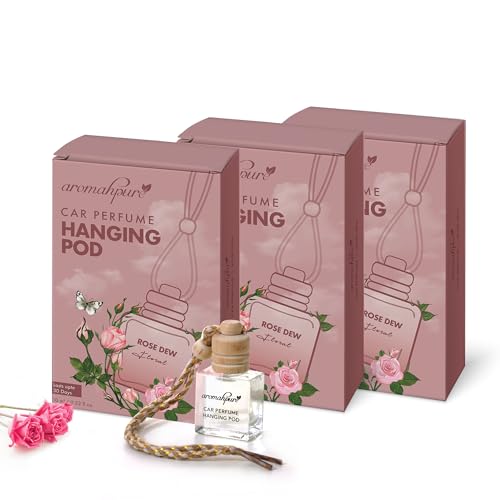 Aromahpure Premium Car Perfume Hanging Pod |10 ML |Rose Fragrance Car Air Freshener |Natural Essential Fragrance Oils in Glass Bottle with Wooden Diffuser Lid |Long Lasting upto 60 days (Pack of 3)