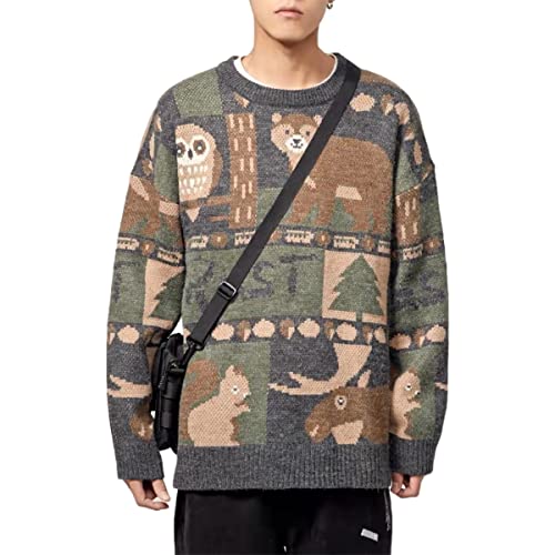 Kclot Mens Womens Varsity Long Sleeve Knitted Cardigan Sweaters Cute Bear Sweater Animal Graphic Oversize Round Neck Pullover Jumper (L, Vintage Animal Pattern #Grey) #TOP3