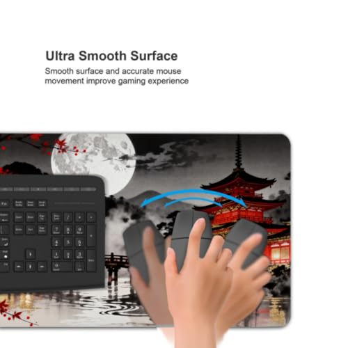 Image of Black Red Japanese Mouse Pad 35.4x15.7 XXL Maple Leaves Tree Lake Pavilion Watercolor Extended Large Mousepad Keyboard Mouse Mat Desk Pad with Non-Slip Rubber Base Stitched Edges for Home Office Game