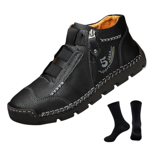 Nebulunch Matufit Shoes for Men, Men's Leather Waterproof Non-Slip Fashionable Orthopedic Shoes, Side Zip Slip-On Flats (Black,7.5)