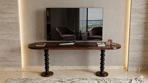 Image of Solid Sheesham Wood Console Table for Living Room | Entryway Hallway Sofa & Fish Tank Table | Oval Top with Turned Spindle Legs | Wooden Accent Furniture | Light Walnut Finish