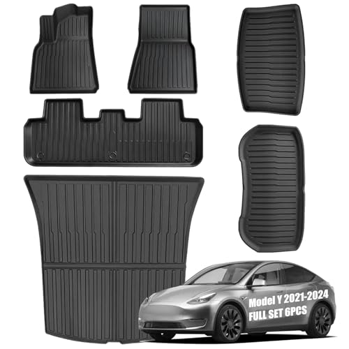 Abvesi All Weather Floor Mats Compatible with Tesla Model Y 2021-2024 5-Seater,Custom Fit TPE Waterproof Odorless Car Mats Full Set Interior Accessories (6PCS)