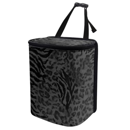 Image of Black Leopard Car Trash Can, Waterproof Car Garbage Can with Lid and Zip Clouse, Leak Proof Portable Car Trash Bag Hanging Vehicle Organizer