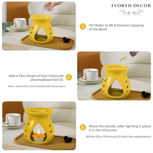 Image of Floryn Decor Ceramic Diffuser with Free 3 Tealight Candles | Home Fragrance, Spa, Office & Yoga | Aromatherapy Gift Set of 3 (Yellow)