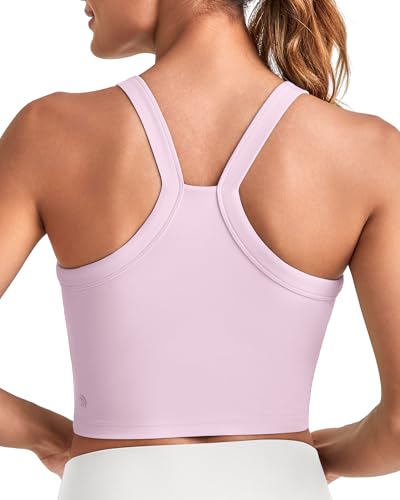 G4Free Longline Sports Bra Halter Workout Cropped Tops for Women Gym Yoga Racerback Athletic Tank Removable Padded (Pink,M)