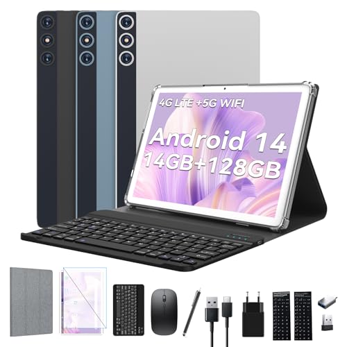 2026 Neueste Android 14 Tablet 10 Zoll, 4G LTE Tablets Mit 2 SIM 1 SD slot, 5G Wifi Tablett PC Mit 14GB+128GB(1TBTF), 3-in-1 Tablet Mit Tastatur Maus-Octa-core, 1080FHD,13+8MP,7000mAh,GPS/OTG-Silber