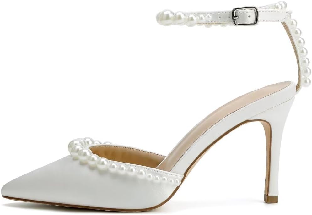 High Heel Wedding Shoes for Bride Pointed Toe Bridal Shoes Pearl Heels Ankle Strap Wedding Pumps - Image 3