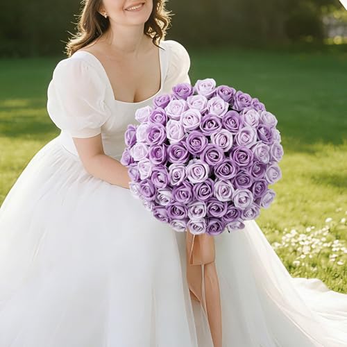 Image of INSPRING 50 PCS Purple Roses Artificial Flowers with Long Stems | Real Looking, Fake Roses, Silk Flowers, DIY Bouquet, Wedding Party Celebration Home Bridal Decoration Gift, for Her Wife