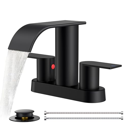 FORIOUS Matte Black Bathroom Faucets, Waterfall 4 Inch Centerset Bathroom Sink Faucet with Metal Pop up Drain and cUPC Hose for Basin, Vanity, RV, Pedestal 2 or 3 Hole Sink