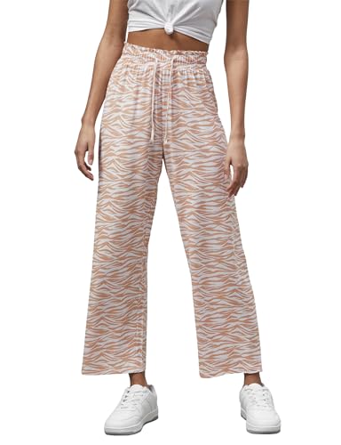 Image of Enorsia Womens Zebra Print Straight Leg Trousers with Elasticated Waist, Drawstring, Straight Fit, Allover Printed and Soft Fabric (Nude, 12)