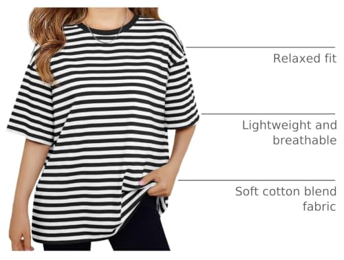 Image of Haloumoning Girls Striped Short Sleeve T Shirts Kids Summer Oversized Tops Casual Crewneck Tees 5-14 Years