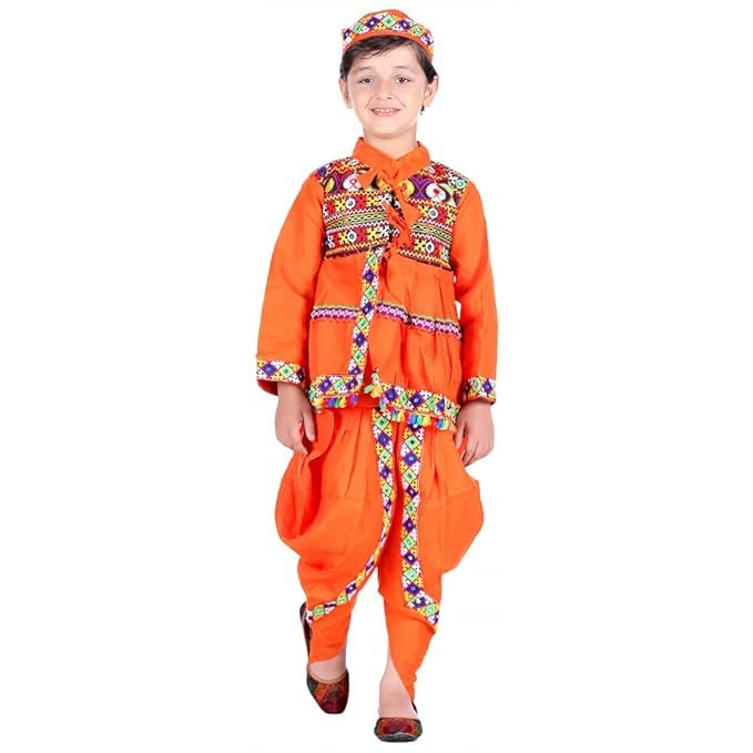 Gujrati Kedia Dress for Boys Kids Navratri Garba Angrakha Dhoti Set (Material : Cotton) (Orange)
