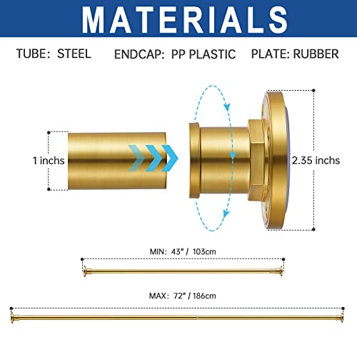 BRIOFOX Industrial Shower Curtain Rod - 2-in-1 Design Tension Curtain Rod - Never Rust Non-Slip 43 to 72 Inch Metal Steel, Gold Window Curtain Rod