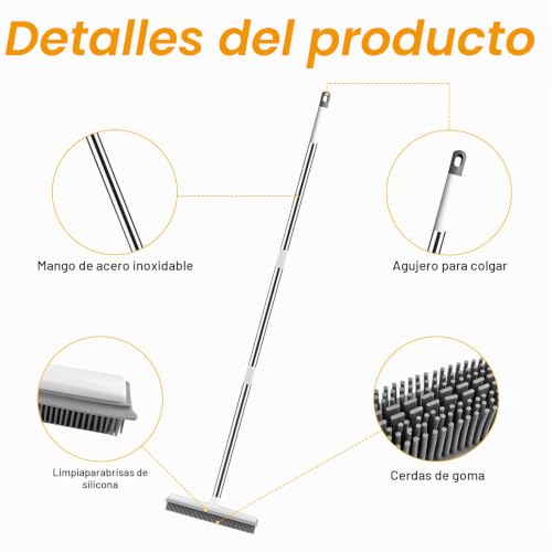 Miniatura 3 de Luazvilkpsar Escoba De Goma Con Escobilla De Goma, Cepillo Para Fregar Suelos 2 En 1, Cepillo De Limpieza De Piso Telescópico Flexible, Recoge Pelo De Mascotas, Para Alfombras, Ventanas, Azulejos